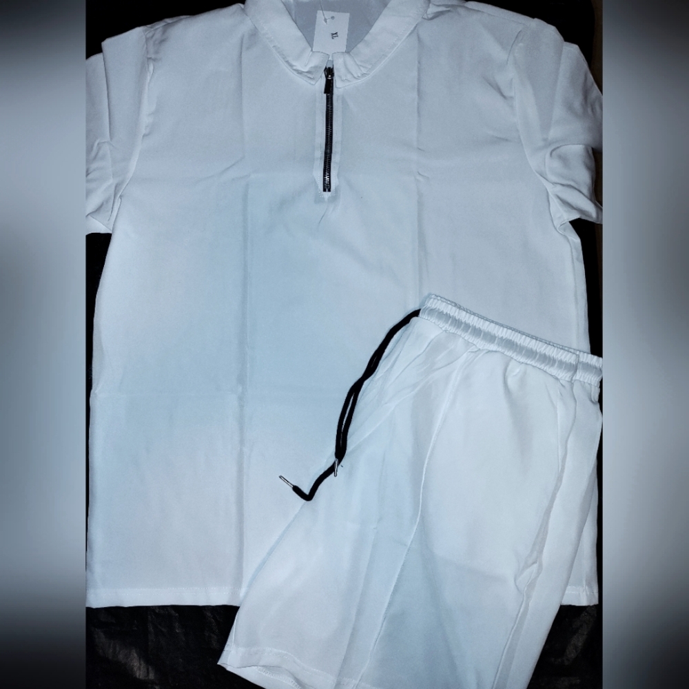 Men's White Quarter Zip Up 2 Piece Shorts Set